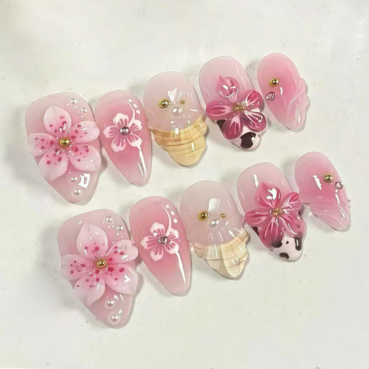 30Pcs Pink Flower Press on Nails Medium Almond 3D Cherry Blossom Fake Nails with Pearls & Rhinestones Spring Cute False Nails Reusable Glossy Glue On Nails Set for for Women Acrylic Nail Decorations