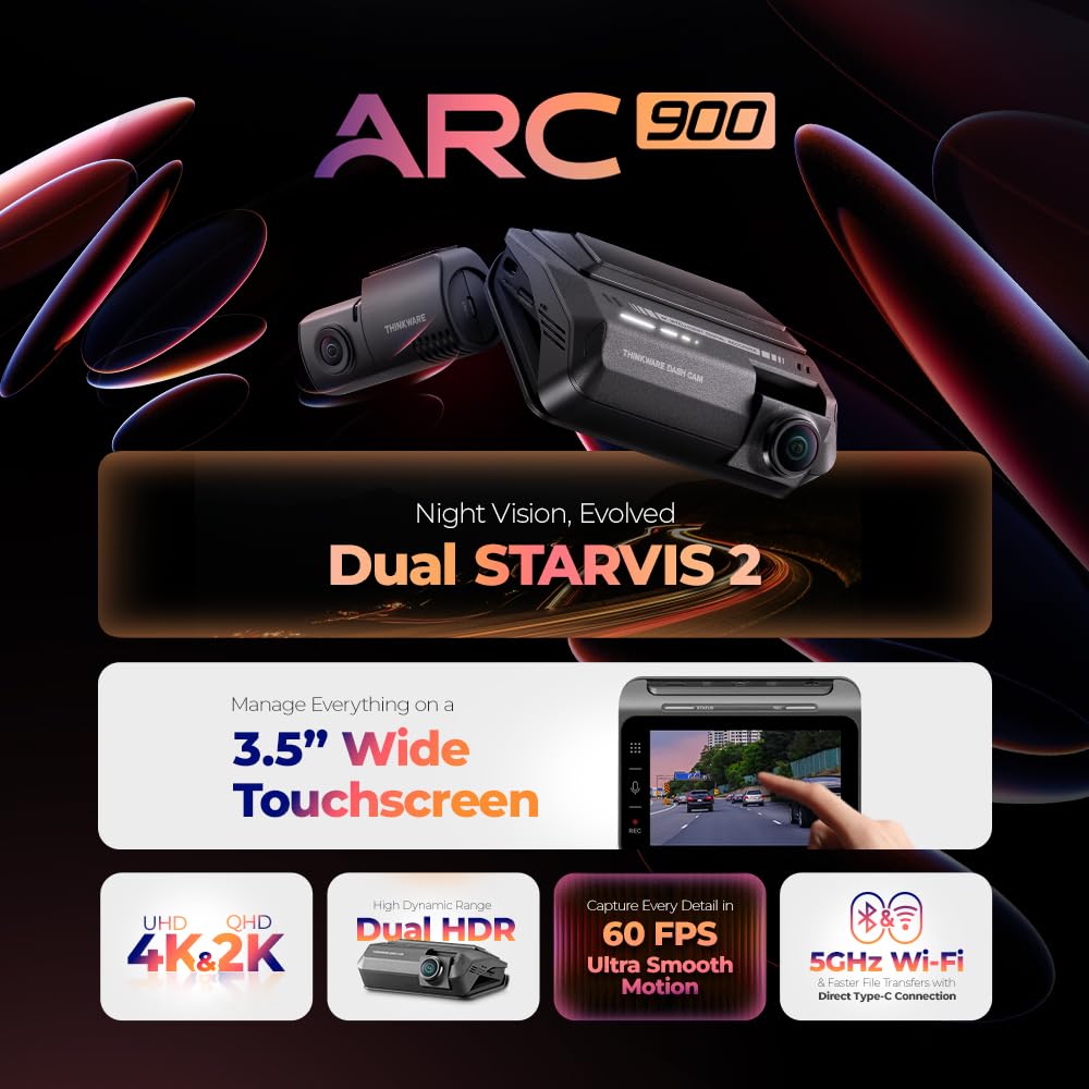 THINKWARE ARC900 2CH 4K HDR Dual Dash Cam Front and Rear - 4K+2K STARVIS 2, Super Night Vision 4.0, Low Power Parking Mode, 3.5" IPS Touchscreen, 5GHz Wi-Fi, GPS (64GB MicroSD & Hardwiring Cable Incl)
