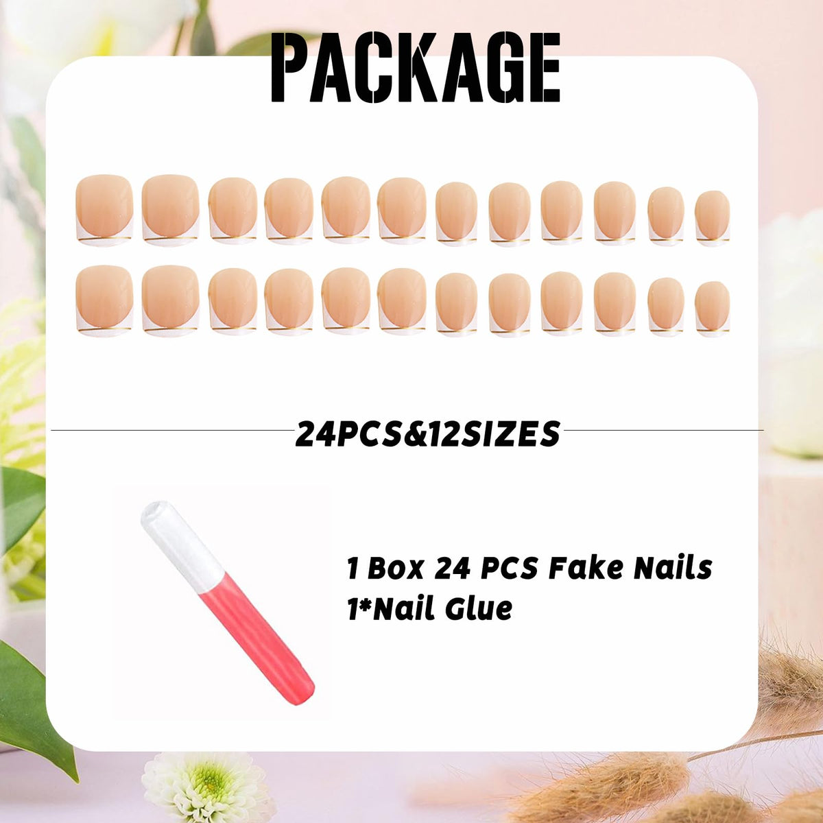 IMSOHOT Press On Nails - White French Tip | Golden Line Designs Short Square Fake Nails, Full Cover, Acrylic, Glossy, Nude False Nails | 12 Sizes - 24 Nail Kit