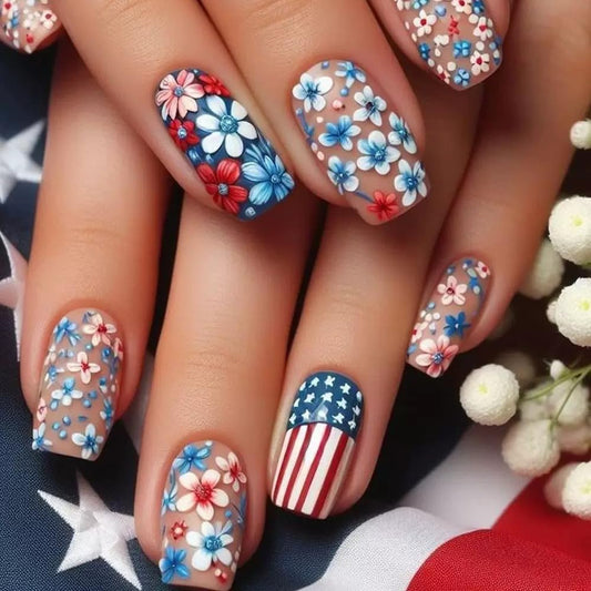 4th of July Press on Nails Medium - Square Fake Nails with Flower Design - American Flag, Independence Day False Nails - for Women 24 Pcs