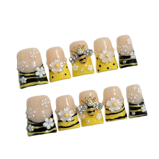 Handmade Duck Press on Nails Acrylic Fake Nails with 3D Luxury Little Bee and Flower Designs Flower Stick on Nails Full Cover Thickened False Nails for Women Nail Art DIY（S)