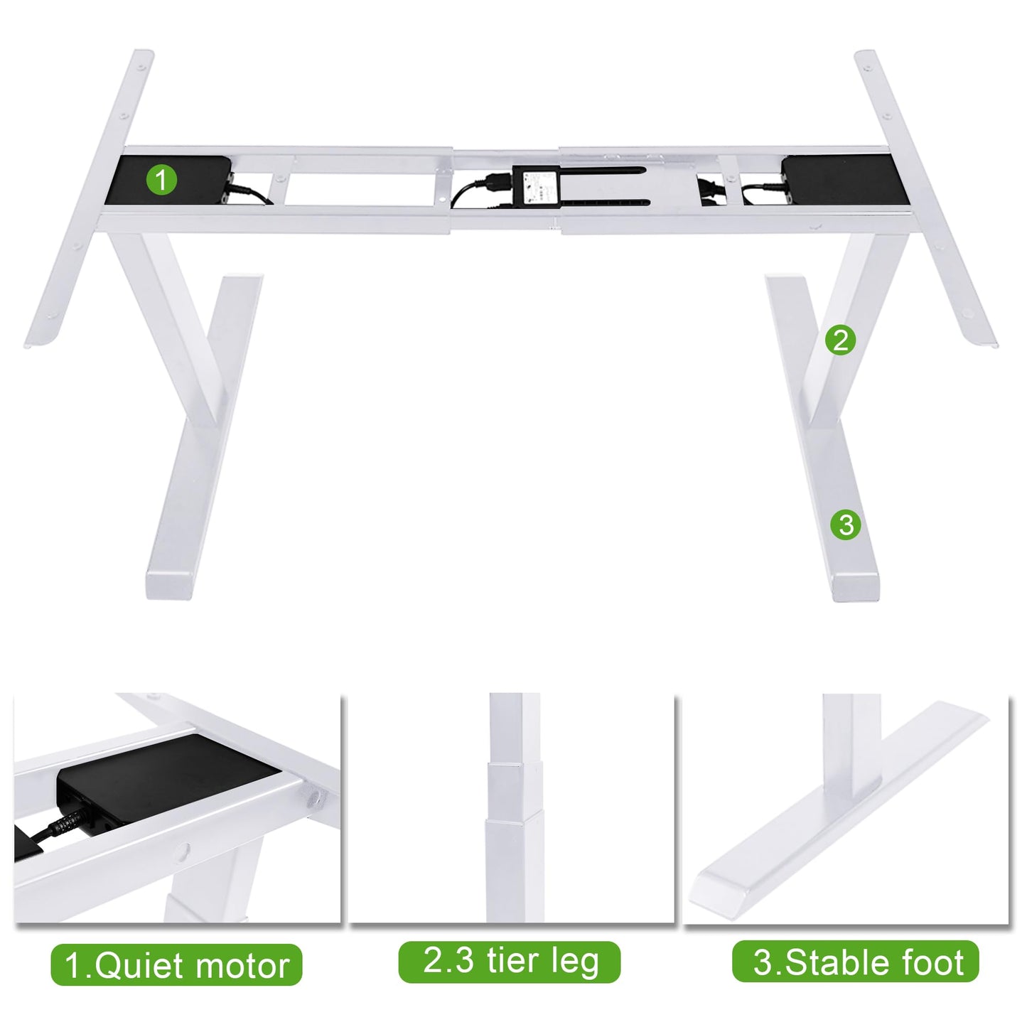 Fromann Dual Motor Standing Desk Frame 3 Tier Legs Sit Stand up Electric Height Adjustable Desk Base for Home and Office (White)