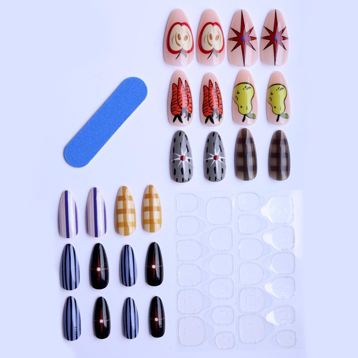 plalely Almond Press on Nails Long Funny Fake NailCute Pear and Carrot Print Acrylic Nail Press ons Funny Stripes Stick on Nails for Women 24pcs
