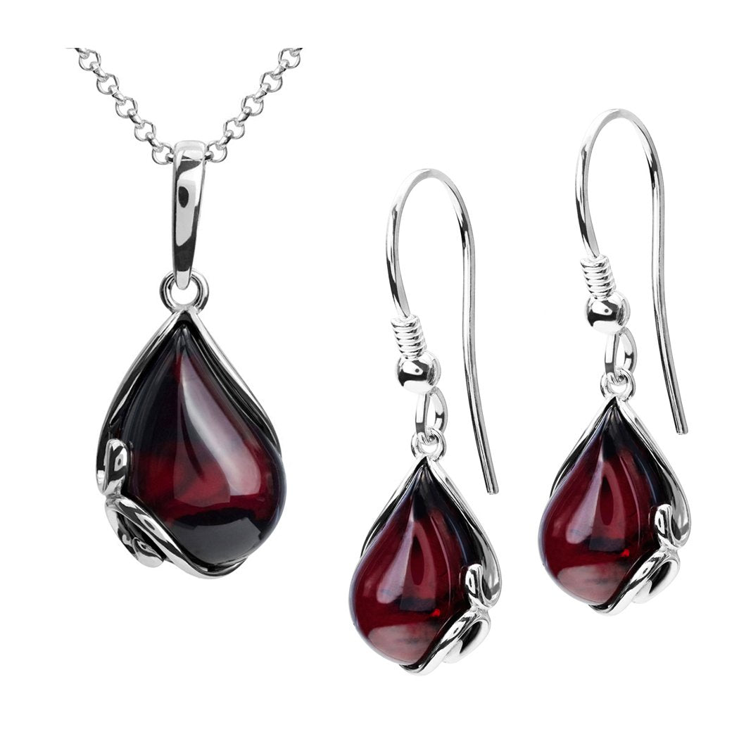 Ian and Valeri Co. Cherry Amber Sterling Silver Earrings Pendant Necklace Set Chain 18 Inches
