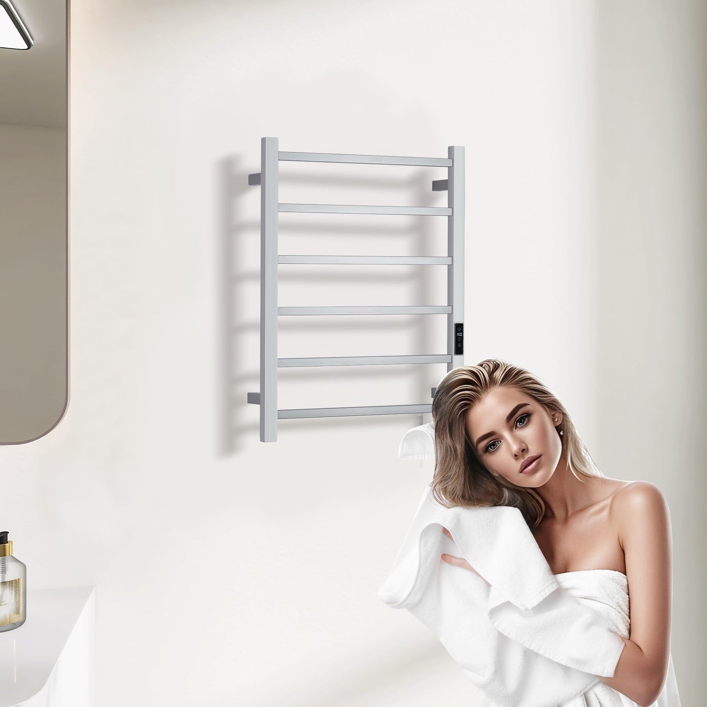 BLARALA Heated Towel Racks for Bathroom, Wall Mounted Electric Towel Warmer Racks with Timer & Temperature Control, Stainless Steel Towel Heater for Bathroom (Square-Brushed 6 Bars)
