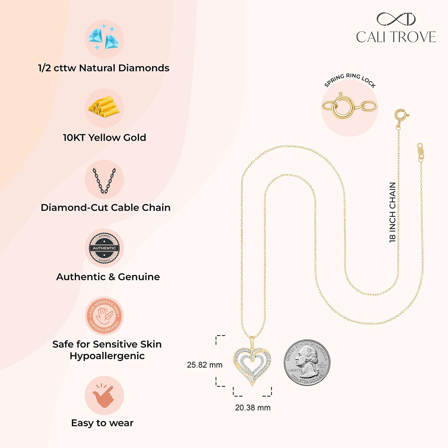 Cali Trove Diamond Puff Heart Pendant Necklace for Women | 1/2 Ct Natural Diamonds | Solid 10KT Gold | 18 Inch Chain | Refined Everyday Jewelry | Gift for Her | Pure Gold Necklaces