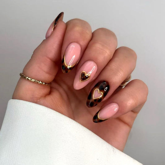 Medium Press On Nails Almond, Nude Pink French Tip Leopard Design with Gold Heart Detail, Glossy Acrylic Fake Nails, Reusable Stick On Nail Set 24pcs for Women, Chic Elegant Manicure
