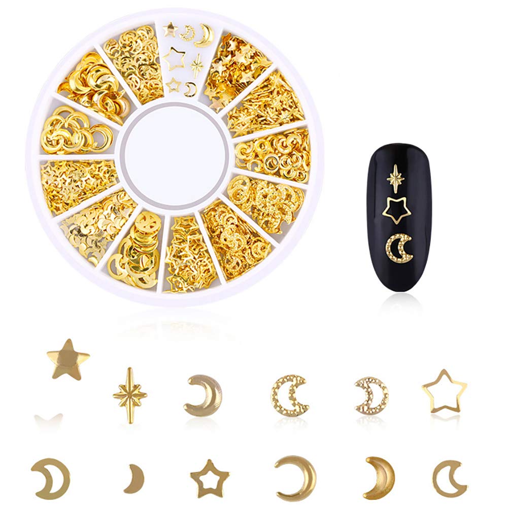 DANNEASY Gold Nail Studs Metal Nail Charms 3d Nail Art Charms Manicure Decoration Kit Star Moon Shell Cross Flower Nail Jewels with 1pc Curved Tweezers, Wax Pen (6 Wheels)