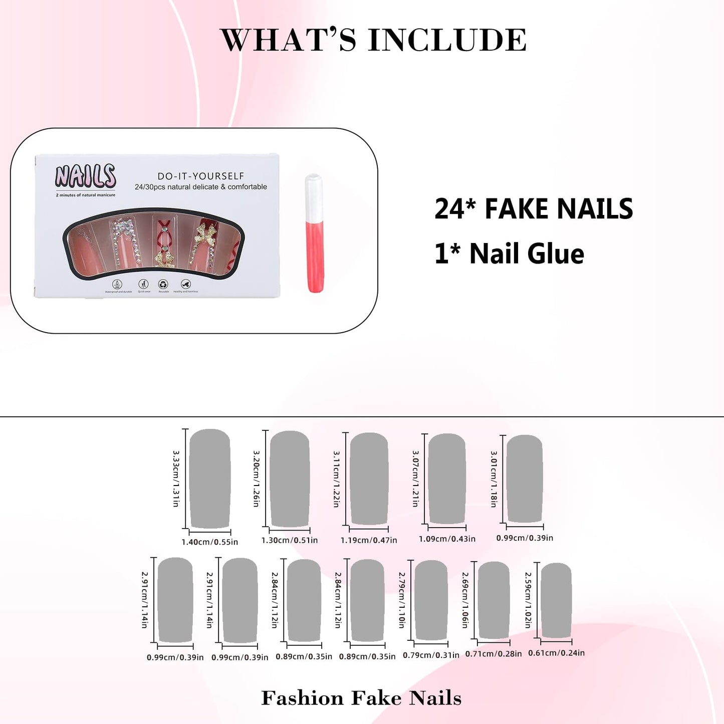 IMRAIN Long Square Press on Nails Rhinestones French Tips Fake Nails with Golden Bow Charms Designs Red Acrylic Glossy False Nails Luxury Glue on Nails for Women Girls