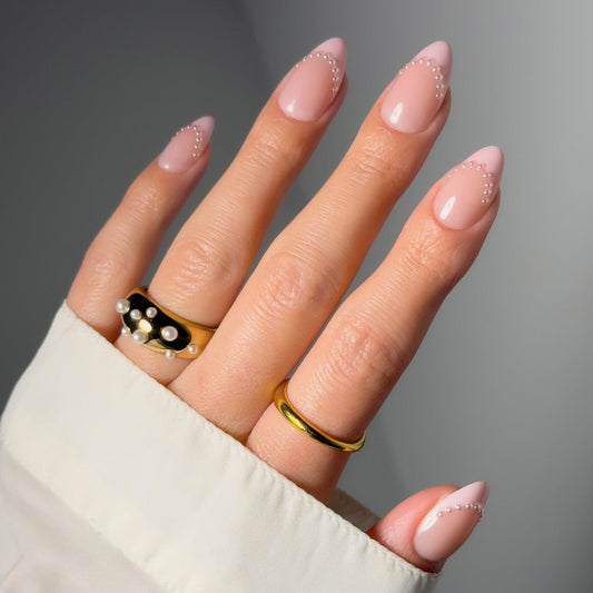 Glamnetic Press On Nails - Pink Me Up Spring Nails | Short Almond Fake Nails in Pastel Pink French Tips with 3D Pearls in a Glossy Finish, Salon Quality Nails | 15 Sizes - 30 Nail Kit with Glue