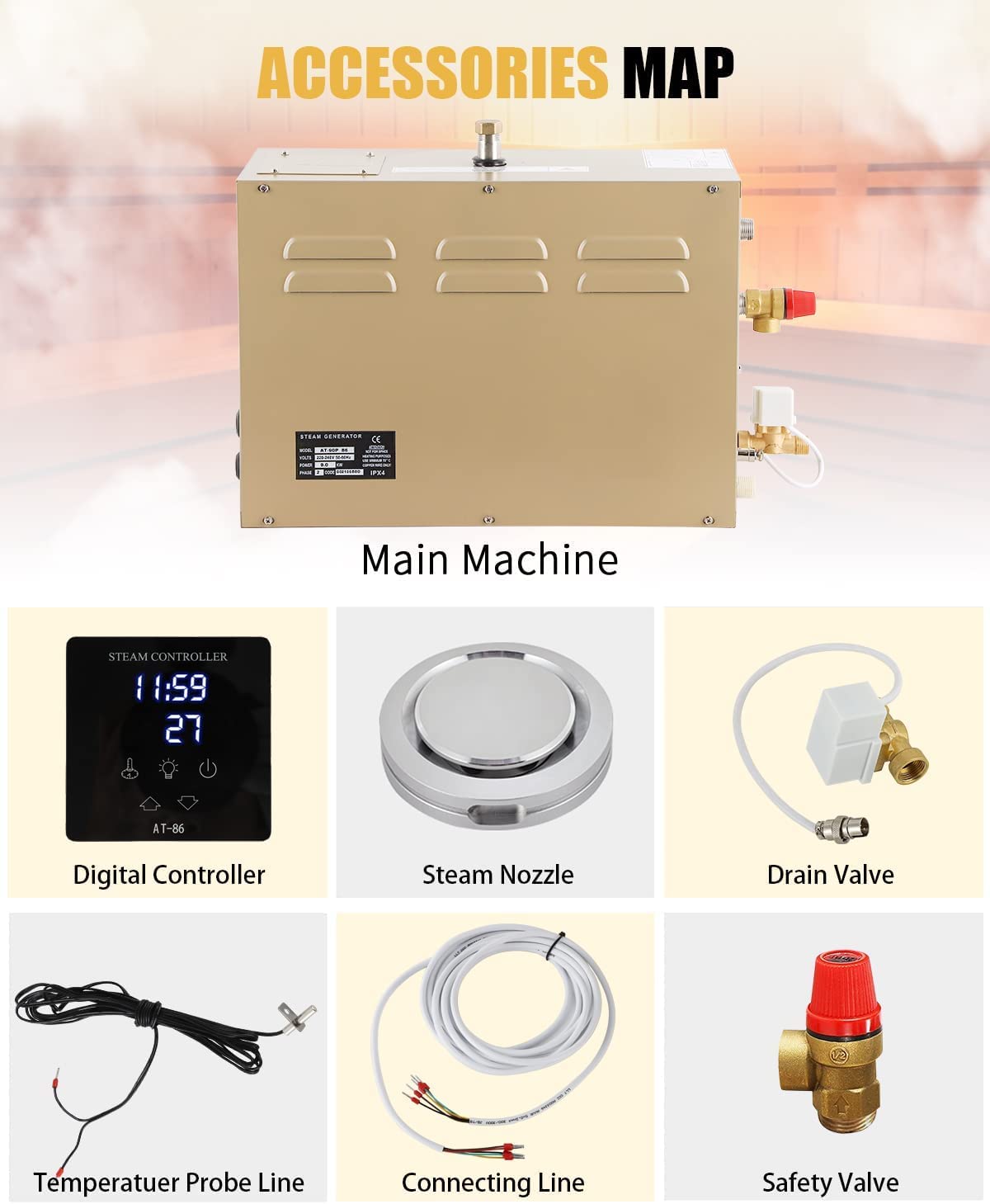 CGOLDENWALL 12KW Commercial Self-Draining Steam Generator Shower System Home Steam Bath Spa Generator 30 min to 12 Hours with Auto Drain 95-131℉ for Suitable Space Heating 12 m³/424 Cubic feet (12KW)
