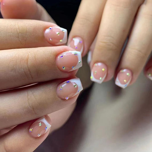 CTTHNBD Extra Short Press on Nails - Square Fake Nails with Rhinestone Design - White French Tip Full Cover Stick on Nails - for Women 24 Pcs