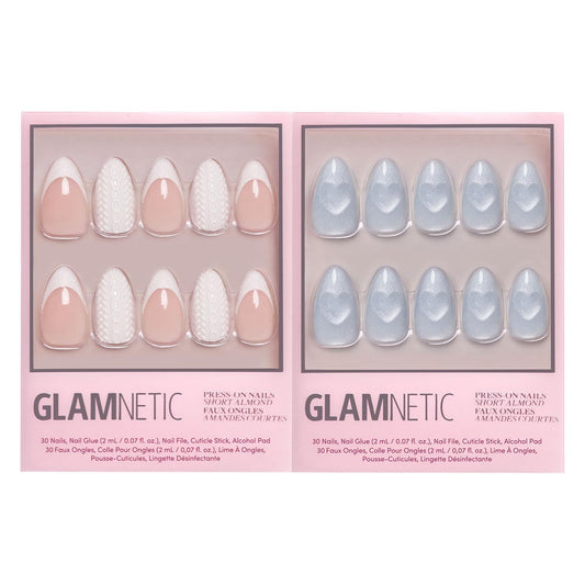 Glamnetic Press-On Nails Bundle - Sweater Weather & Cold Hearted | Short Almond Fake Nails with White Glitter French Tips & 3D Designs | Short Almond Fake Nails with Heart Accent and Pale Blue Velvet