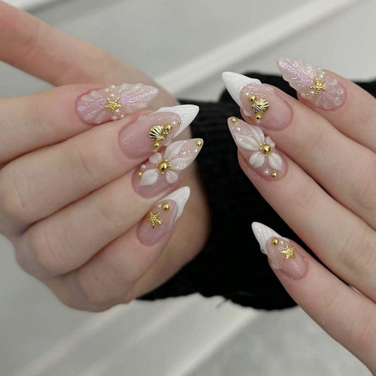 French Tips Press on Nails Medium Almond Fake Nails with 5D Flower Charm Design Glossy Pink Glitter Nails Press on Starfish Seashell Rhinestones False Nail Spring Summer Nail for Women Manicure 24Pcs