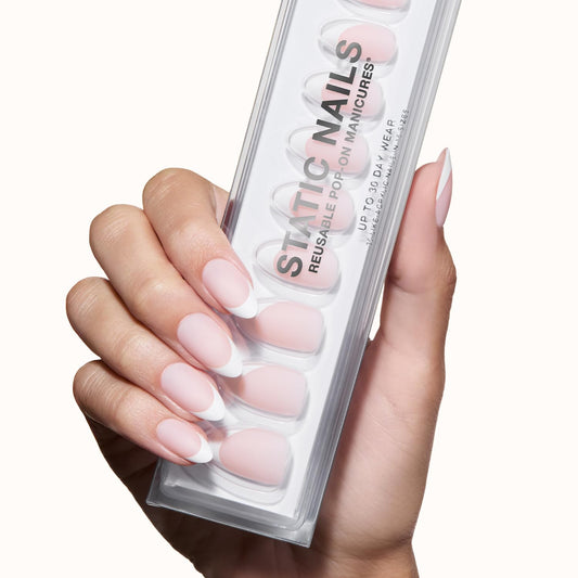 Static Nails Reusable Pop-On Manicure Set - Matte French Almond | Almond Shaped False Nails | Medium Press On Nails | Salon Quality Non-Damaging Acrylic Nails | Fake Nail Kit with Glue