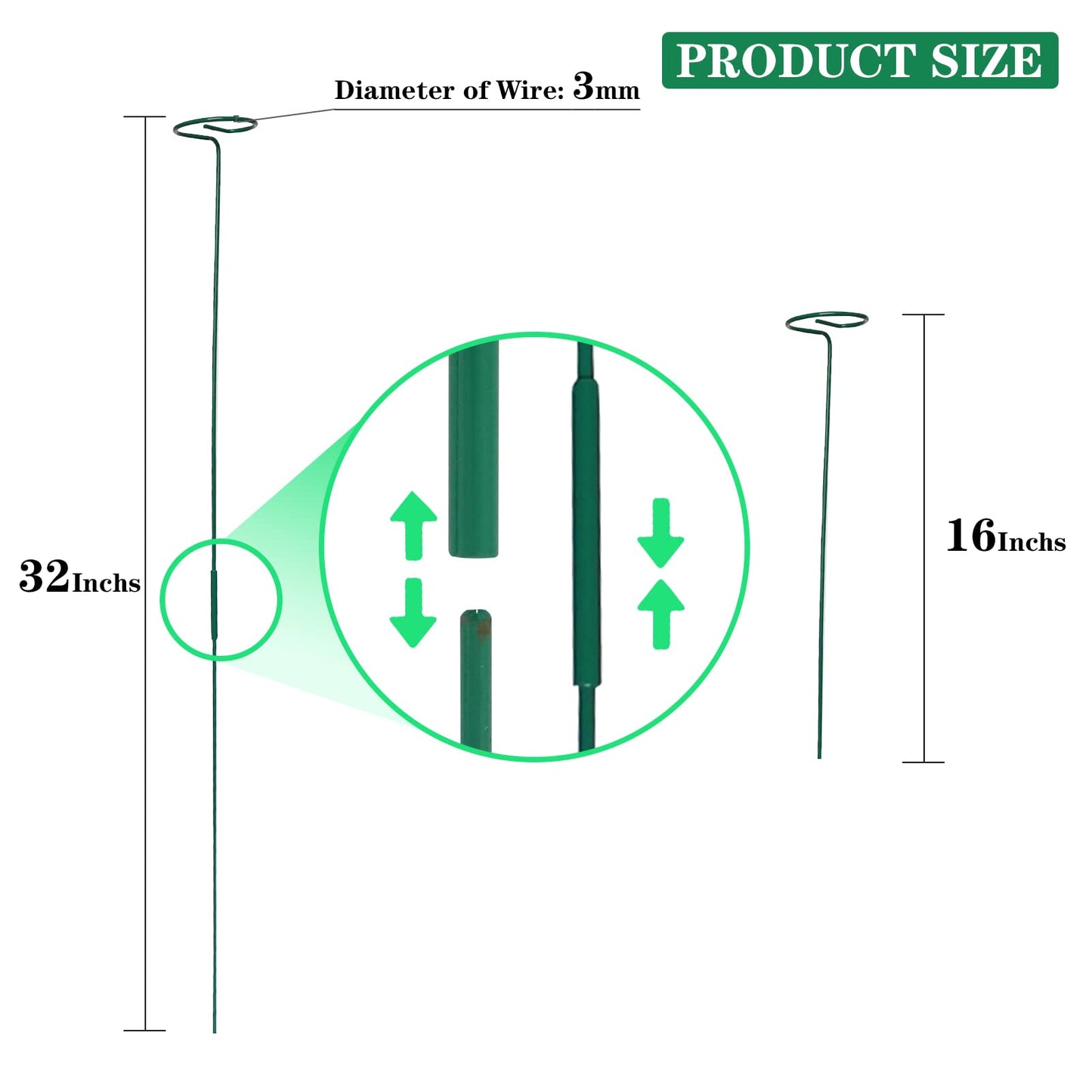 PFNRTH 4 Pack Plant Stakes,Plant Support Stakes for Two Sizes(16 or 32 Inches),Plant Stakes for Outdoor Plants,Garden Flower,Tomato(Green)