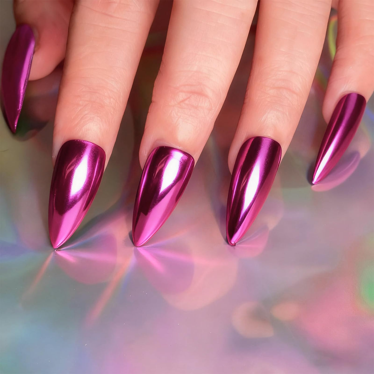 FNNZ Chrome Nail Powder, Metallic Nail Powder Pigment Premium Mirror Effect Salon Nail Art Glitter Dust for Valentines Gel Polish Decoration Home DIY Nail Manicure Supplies - Fuchsia Glimmer