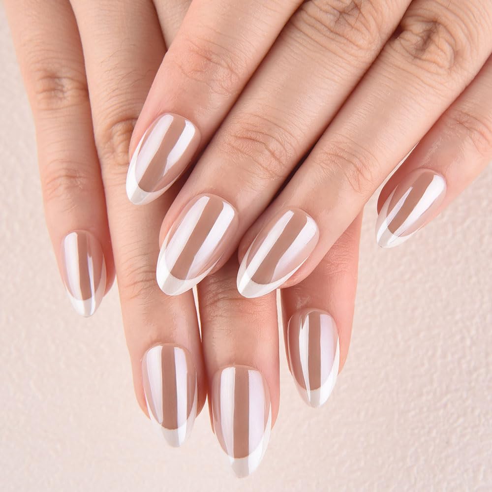 evpct French Tip Press On Nails Short Almond, Nude Brown + Wihte Tips, Chrome Glazed Glossy Short Almond Fake False Press on Nails, Reusable Gel Stick on nail Press ons Nail Kit, Salon Quality