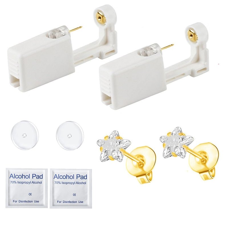 Orglace Ear Piercing Kit,Disposable Ear Piercing Gun with 5mm Cubic Zirconia Star Ear Stud,Clear Piercing Disc for Piercing Bump,At Home Self Ear Piercer Kit (2 Pack)