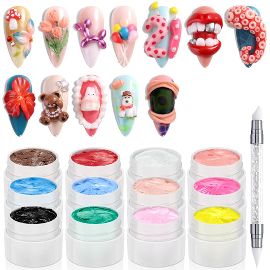 Fcozpjk 3D Sculpture Gel, 12 Colors Non-sticky Hand Builder Nail Gel Kit with Silicone Carving Pen Hard Gels for Nails Flowers Modeling Nail Clay Glue Painting Drawing Manicure Salon Supplies