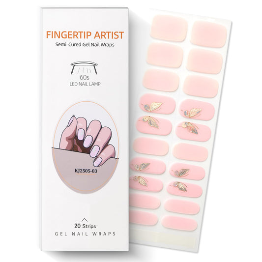 Semi Cured Gel Nail Strips with Butterfly Designs Gel Nail Stickers Glitter Full Cover Nails Wraps Need UV/LED Light with 2 Prep Pads 1Wooen Stick 1Nail File for Women 20Pcs
