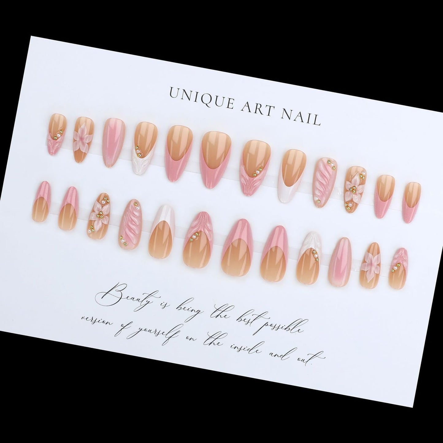 24Pcs French Tip Press On Nails Flower Medium Almond Fake Nails Gold Pearl Accessories Designs Pink Nails Press Ons Glossy Spring Summer Acrylic Nail For Women Manicure 24Pcs