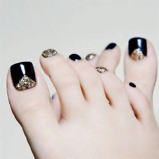 Vezocim Black False Nails Sets, Press on Toenails Coffin with Gold Glitter Designs, Full Cover Artificial Acrylic Fake Nails for Toe, Glue on Toenails with Charm, Stick on Toe Nails for Women