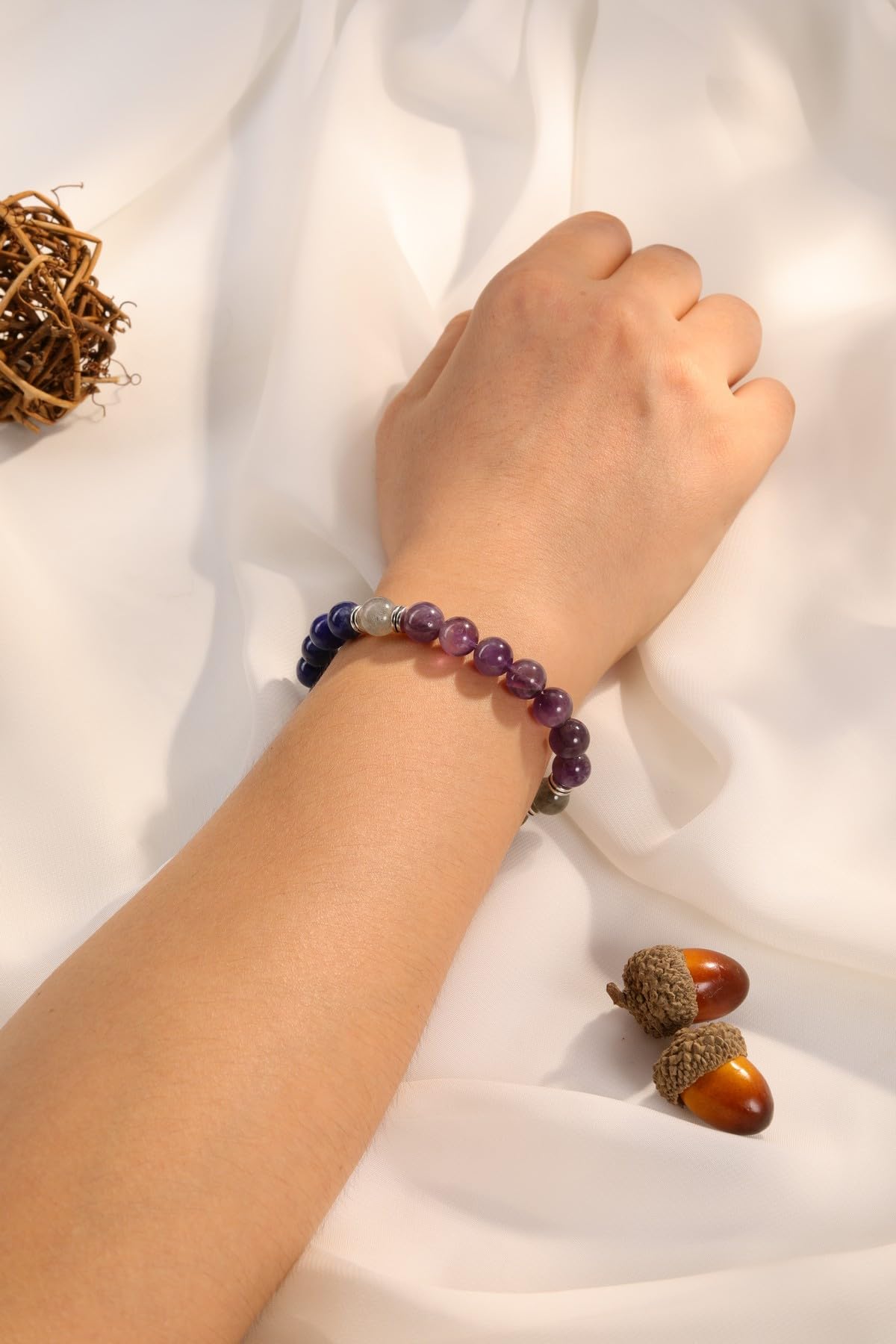 Jovivi Healing Crystal Beaded Bracelet for Women Anxierty Relief Natural Amethyst Sodalite Tiger Eye Yoga Beads Chakra Bracelet Handmade Triple Protection Good Luck Jewelry Gift