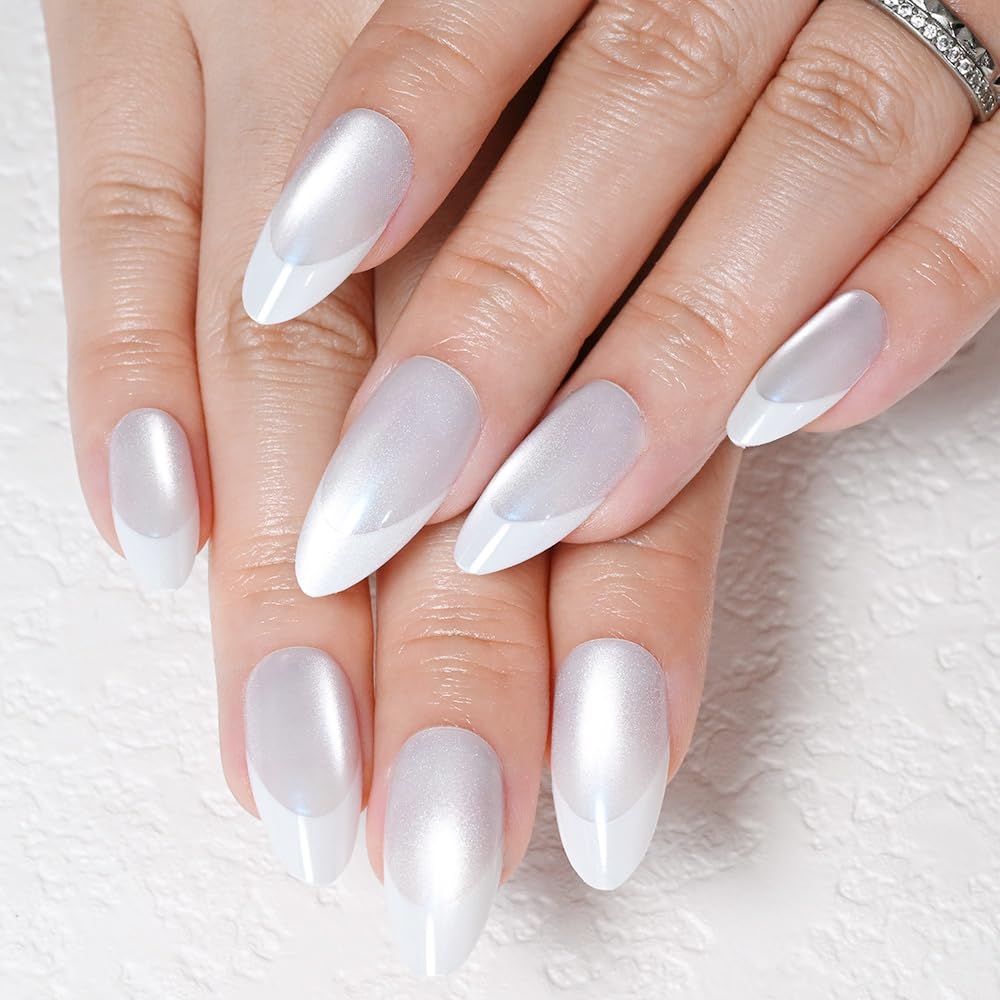 evpct Pearl Cat Eye French Tip Press on Nails Almond Medium No Glue, White French Tip Medium Almond Holographic Stick on Nails for Women, Reusable Full Cover Soft Press on Nail Perfectly with Design