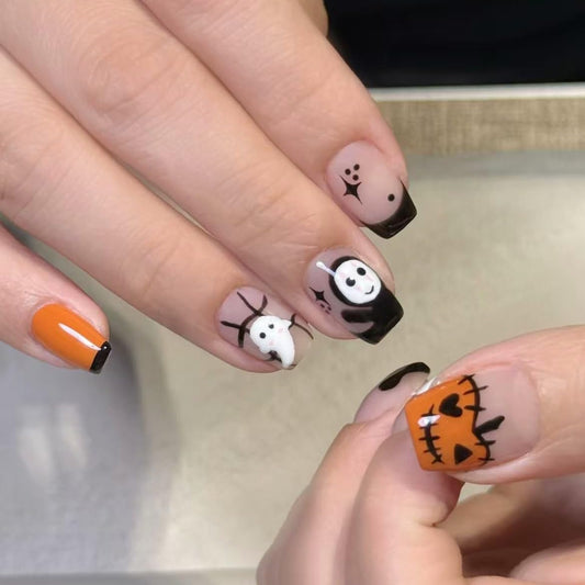 Handmade Press on Nails Halloween Fake Nails with Cute Little Ghost Designs Black Matte Full Cover Stick on Nails Halloween Glue on Nails for Women Nail Art DIY 10pcs (MT-155-M)