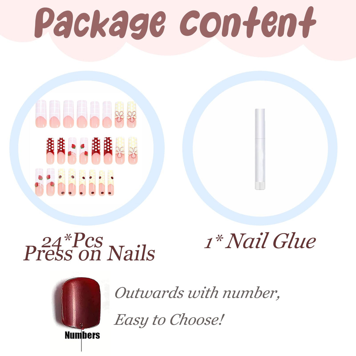 BABALAL Press On Nails, Long Square Fake Nails, Pink Yellow With Strawberry, Floral & Polka Dot Design, Cute Summer Glossy Full Cover Reusable Glue On Nails For Women And Girls 24Pcs