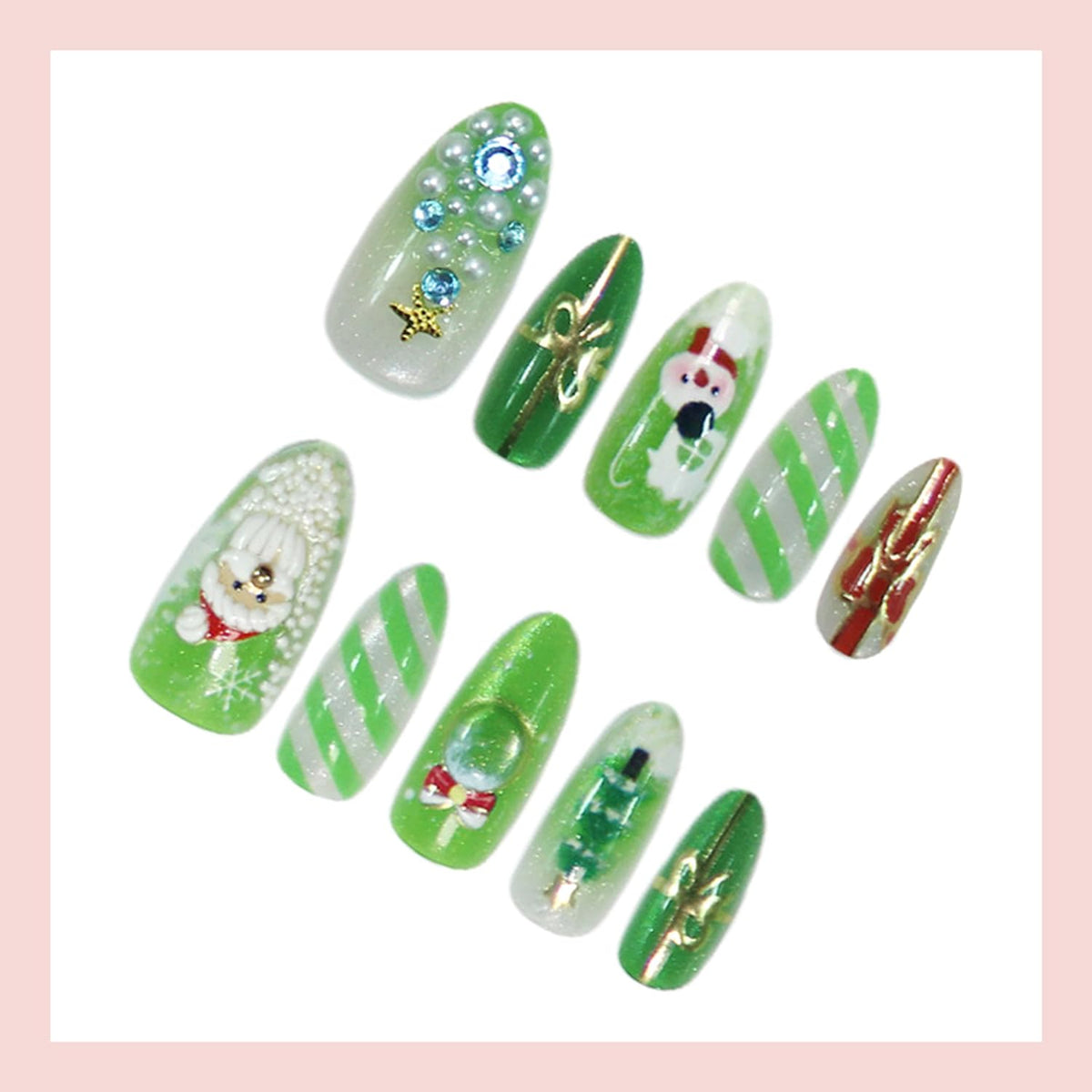 Cute Christmas Press on Nails Medium Almond Fake Nails 3D Star Rhinestones Pearls Xmas Tree Charms Design False Nails Santa Claus Snowman Stick on Nails Silver Glitter Full Cover Nail for Women 30Pcs