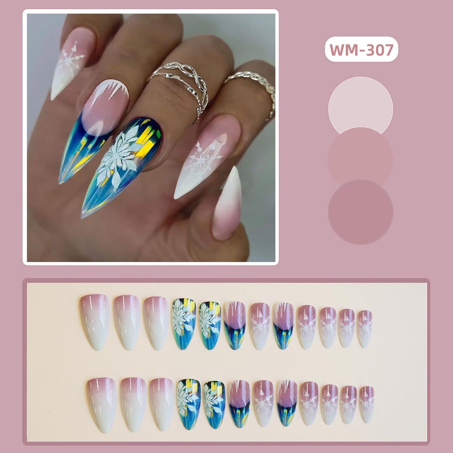 CJDLTS Christmas Press on Nails Long Almond Artificial Acrylic Fake Nails French Tip False Nail Gradient Snowflake Stick on Nail Full Cover Winter Artificial Fingernails for Women Festival Manicure