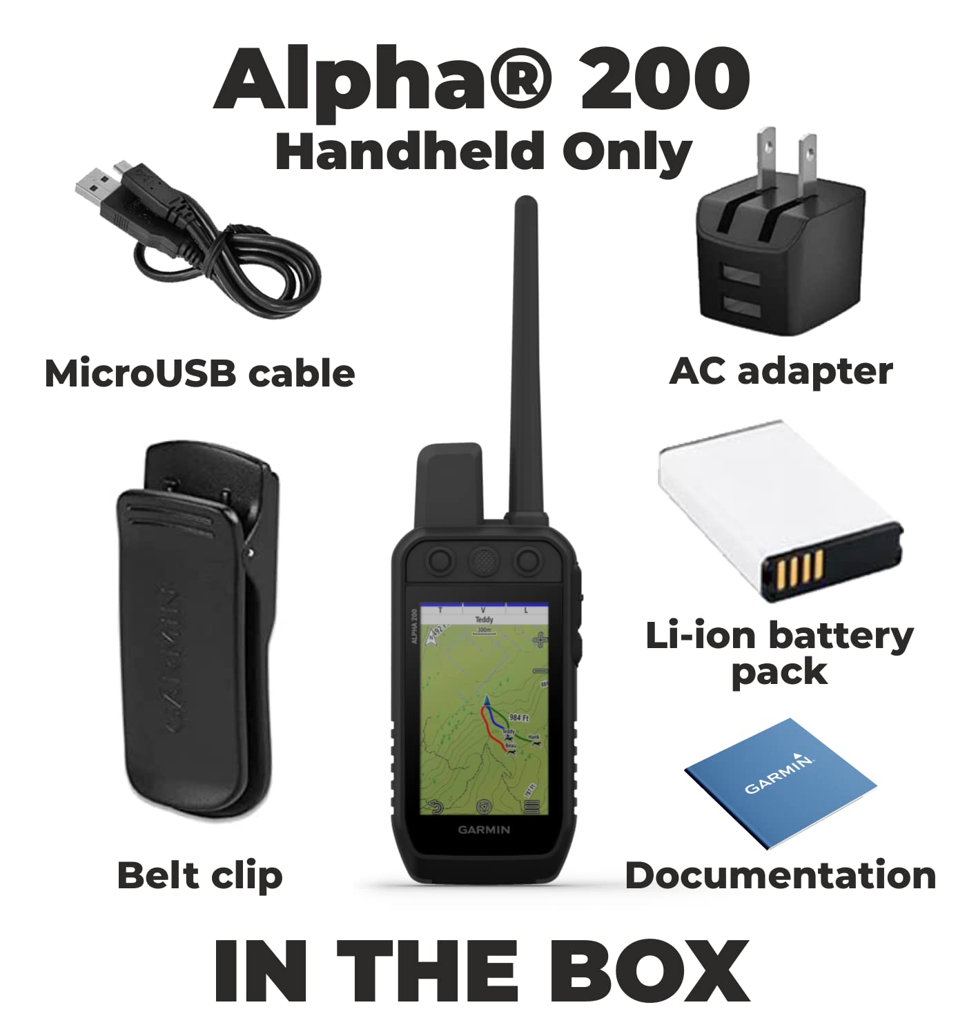 Wearable4U - Garmin Alpha 200 Handheld, Tracking and Training for Your Dogs, Sun-Light Readable Touchscreen and 6 Button Design, High-Sensitivity GPS with Power Pack Bundle