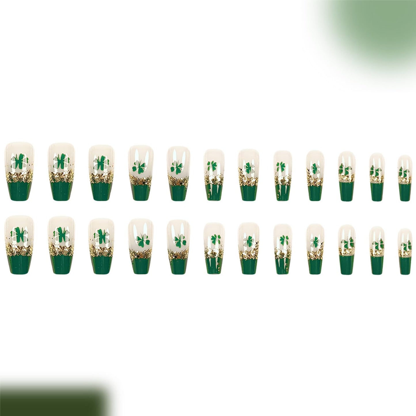 Gold Four-Leaf Clover Press on Nails Medium Square Fake Nails St. Patrick's Day False Nails Glitter Green French Acrylic Glue on Nails Stick on for Women Irish Holiday Manicure Decoration 24Pcs