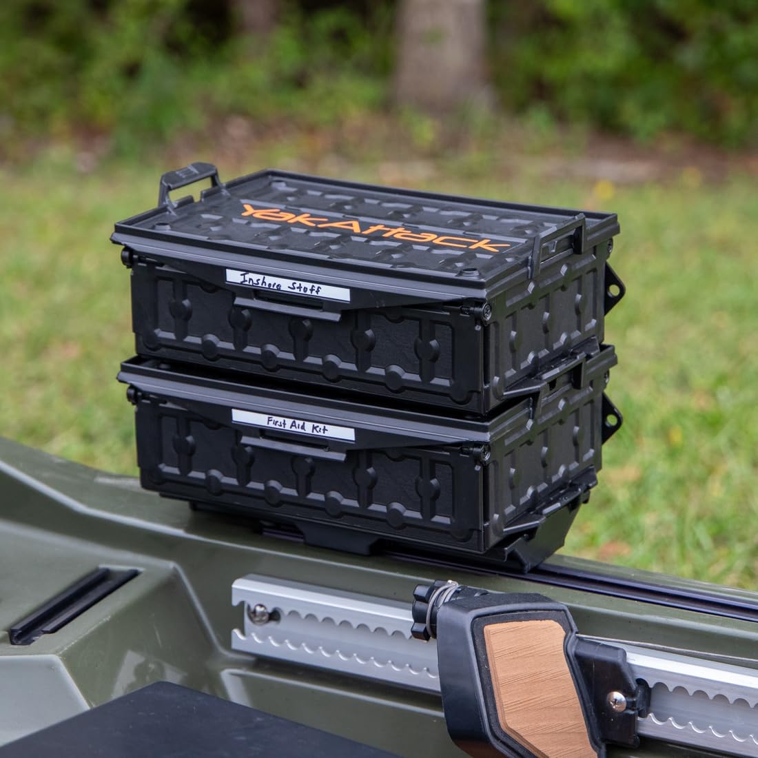 YakAttack TracPak Black Combo Kit – 2 Stackable Kayak Storage Boxes with Quick Release Track Mount Base | Kayak Crate System for Fishing Gear & Tackle Accessories | Compact Kayaking Storage Box