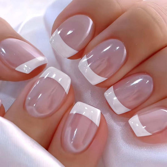 LINMEIZAI Press on Nails Short Square, French Tip Fake Nails Glue on Nails Fake Nails Press ons with White Deep Tip Designs, Cute Glossy Acrylic Nail Kit for Women Girls, False Nails, 24 Pcs