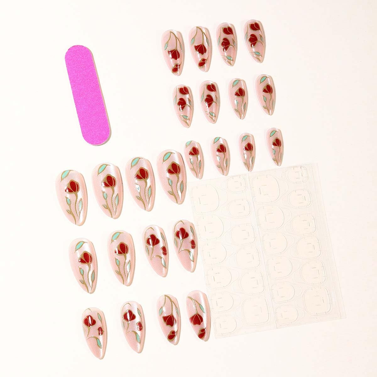 Almond Press On Nails Medium Fake Nails Flower With Gold Line Design Cute False Nails Full Cover Glossy Glitter Stick On Nail Acrylic Artificial Fingernails Reusable DIY Glue On Nails For Women 24pcs