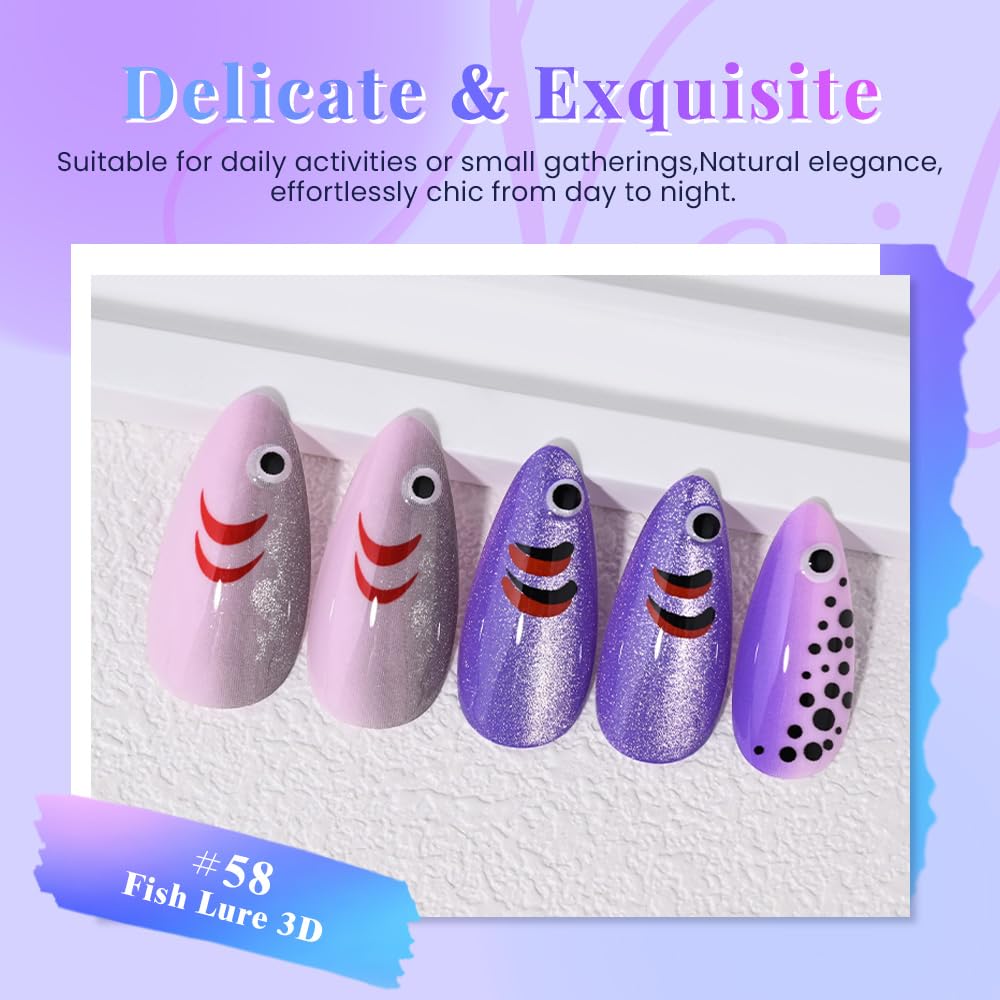 evpct Handmade Press on Nails Short Almond with Fish Lure Design, Cute Costume Fish Bait Press on Fake Nails for Women with Manicure Kit, Reusable Full Cover Stick on Nail with Design Perfectly Fit