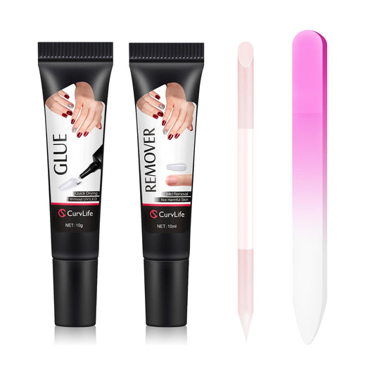 Curvlife 10g Semi Solid Nail Glue and 10ml Nail Glue Remover Kit for Press On Nails - 4pc Professional Set with Czech Glass File & Cuticle Pusher for Flawless Application & Removal