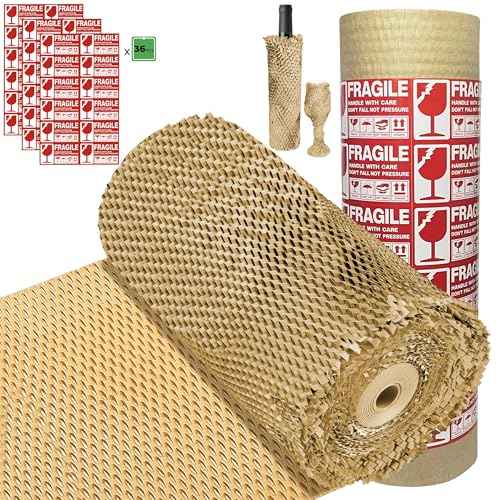 Honeycomb Packing Paper Wrap 15''x400', Substitute Alternative for Bubble Cushioning Wrap for Moving Shipping Packaging, Recyclable Moving Supplies with 36 Fragile Sticker Labels