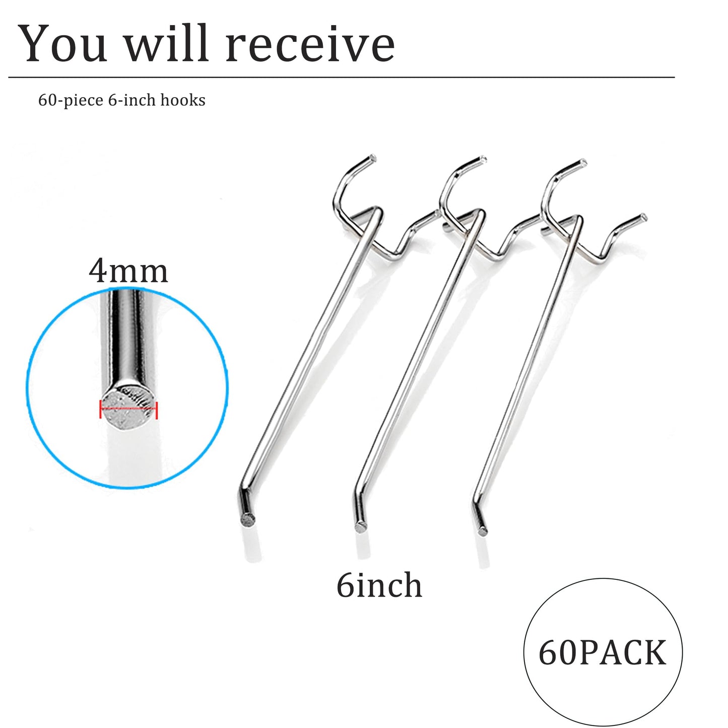 Wohegyy pegboard Hooks, 6 inch Heavy Duty Peg Board Organizer Accessories,Metal Hooks for pegboard,peg Board Hooks for Hanging for 1/4" Pegboard Hanging Tools Garage (60 Pack)"