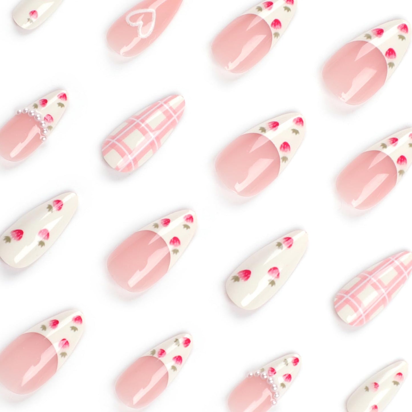 French Tip RIICFDD Almond Fake Nails Pearl Charm Designs Cute Strawberry Pattern False Nails Milky White Glossy Full Cover Stick on Nails for Women and Girls - 24 Pcs