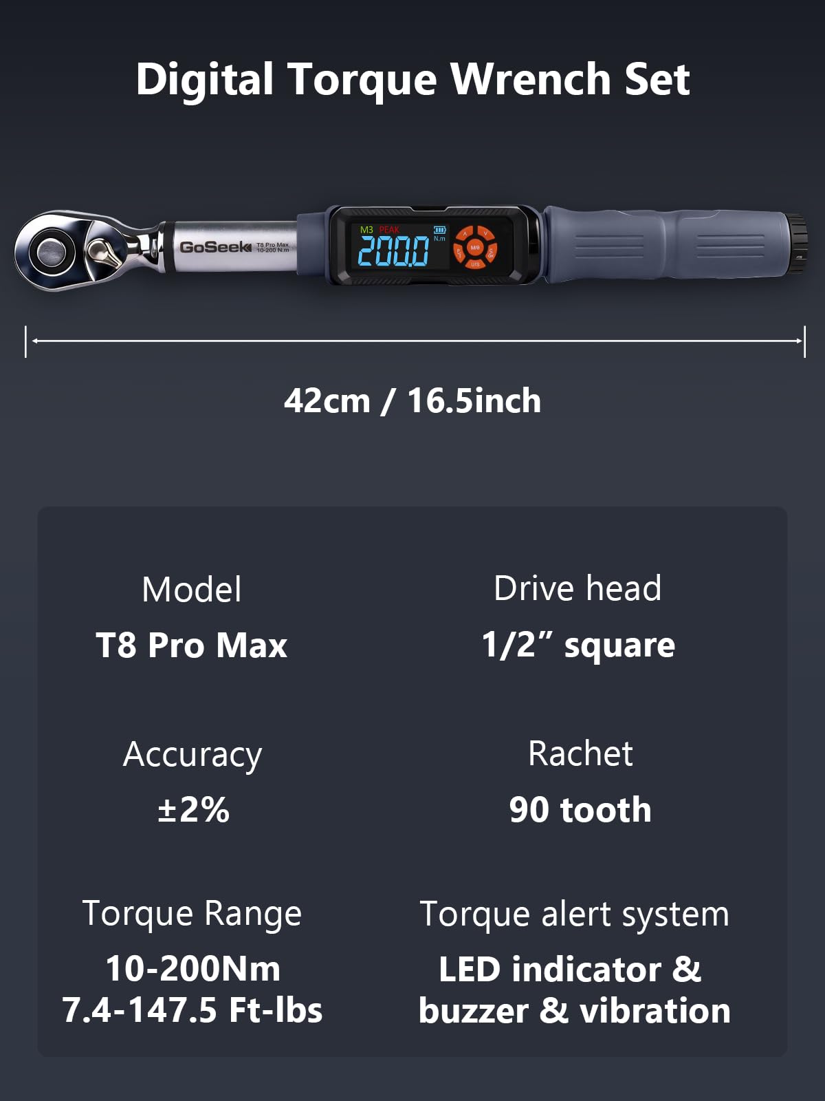 Goseek Upgraded Rechargeable Digital Torque Wrench 90 Tooth, 7.4-147.5 Ft-lbs/10-200Nm, 1/2'' Drive Electric Torque Wrench with Buzzer & LED & Vibration for Motorcycle Car Tires Repair