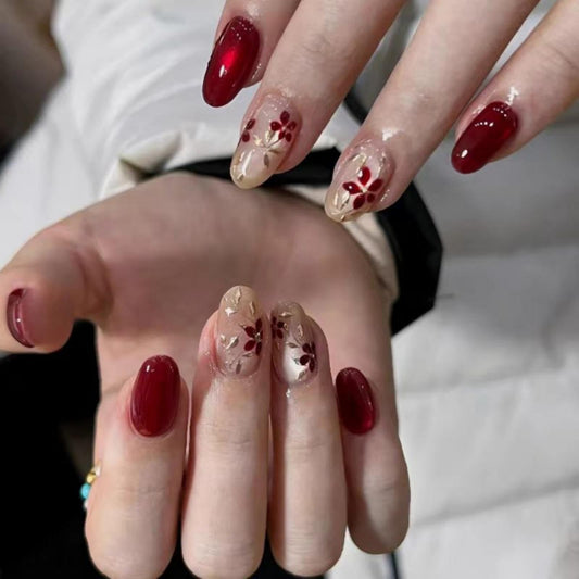 Cat Eye Press on Nails Short Almond Fake Nails with 3D Gold Flowers Design Glossy Red Glitter Glue on Nail Floral Nails Press ons Reusable Full Cover Spring Summer Nail for Women Manicure 24Pcs
