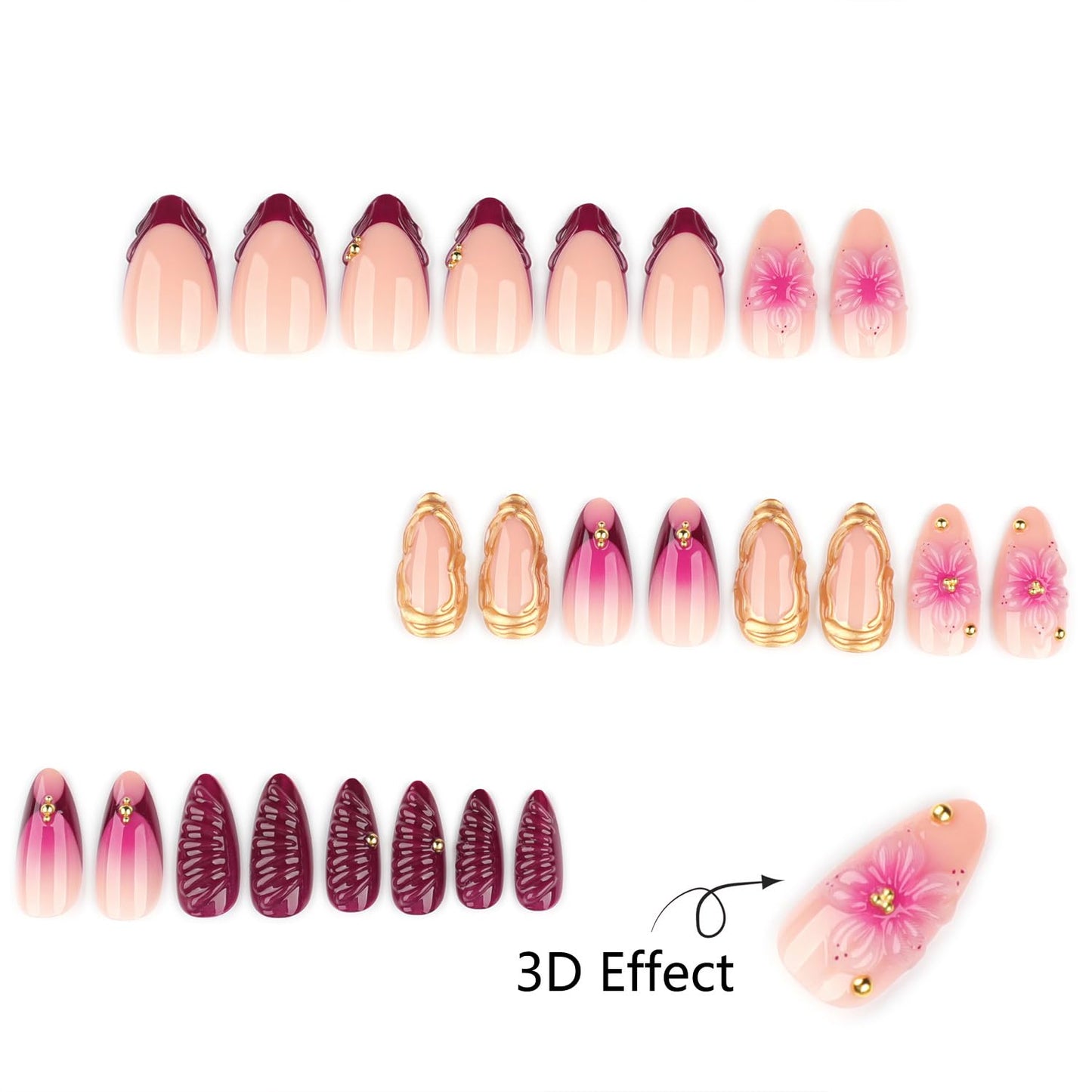 Mivota Soft Gel Press On Nails Almond Floral Design, Burgundy Pink Gold Foil Flower Glue On Fake Nails Glossy Reusable Acrylic Look False Nails for Women 24PCS