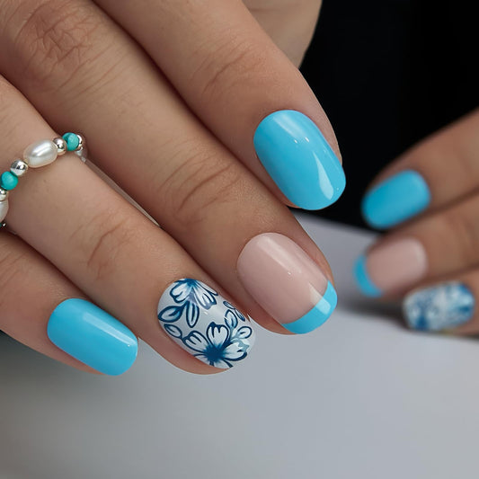 CurvLife Soft Gel Square Press On Nails Extra Short – 30PCS Round Floral Accent Blue French Manicure Full Cover Fake Nails Tips, Easy to Apply at Home Glue On False Nails Kit