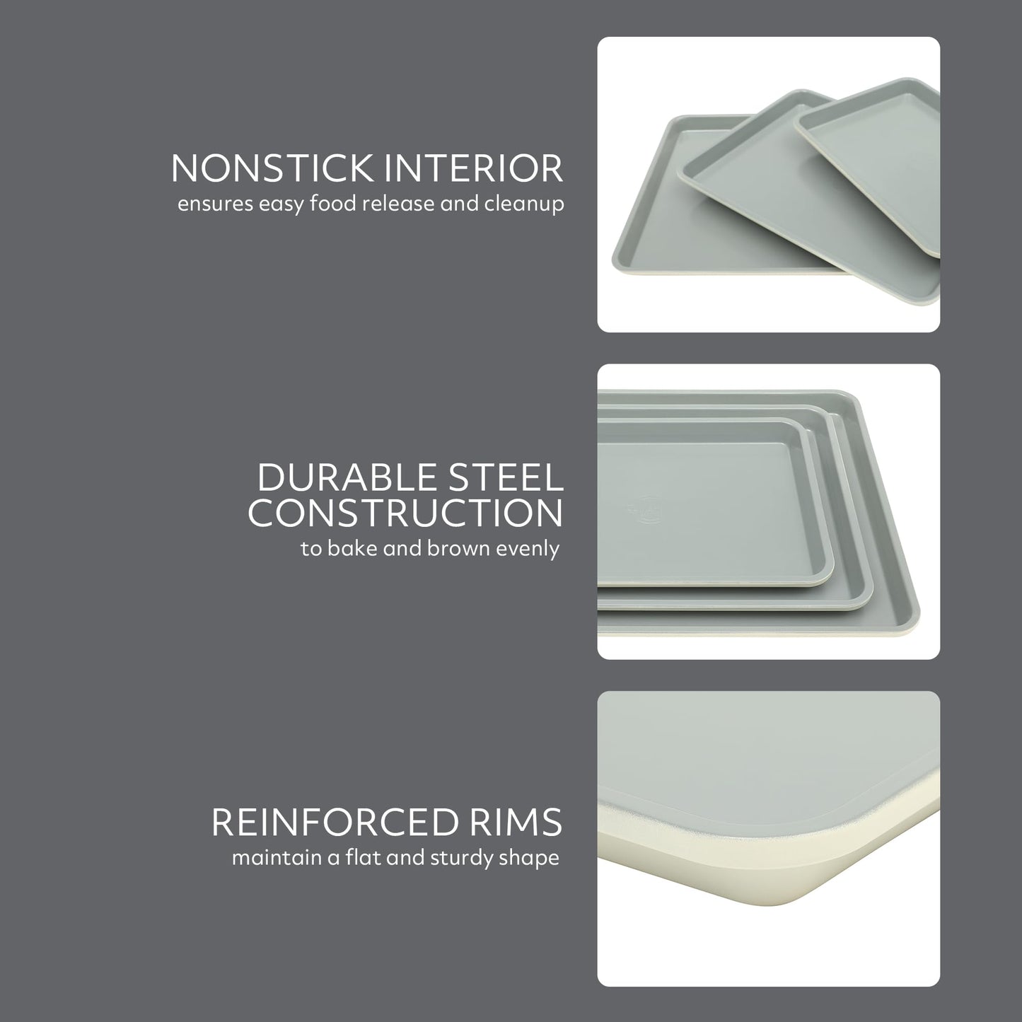 Sur La Table Kitchen Essentials Bake Sale 3-Piece Cookie Sheet Set – Nonstick Carbon Steel Baking Pans (13, 15, 18 Inch) – Grey Easy-Clean Oven Trays for Cookies, Roasting & More