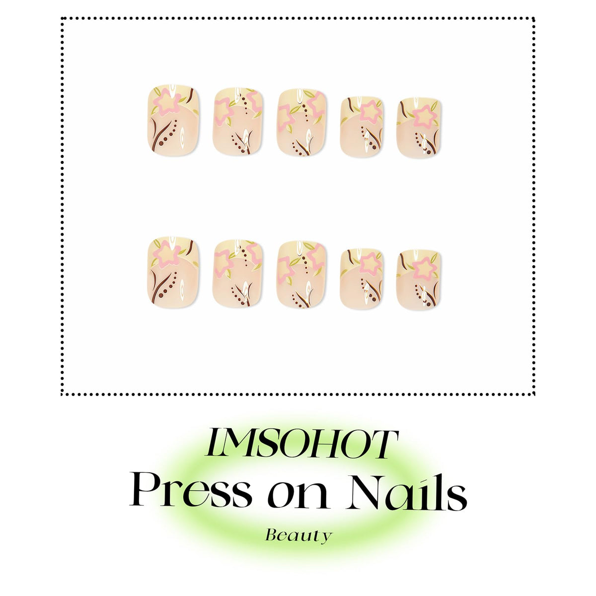 IMSOHOT Press on Nails Short Square Fake Nails with Flower Designs Yellow French Tips False Nails Cute Glossy Summer Artificial Glue on Nails for Women Girls Manicure 24Pcs
