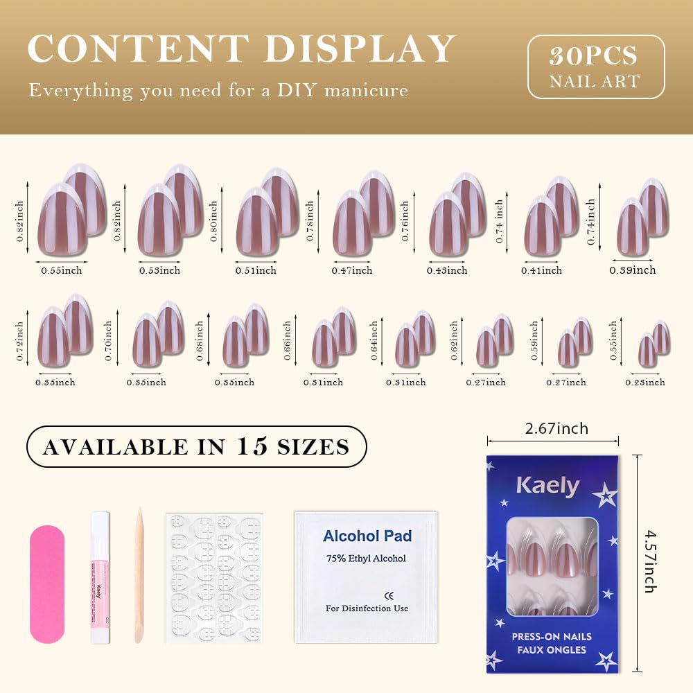 evpct French Tip Press On Nails Short Almond, Mauve Taupe + White Tips, Chrome Glazed Glossy Short Almond Fake False Press on Nails, Reusable Gel Stick on nail Press ons Nail Kits, Salon Quality